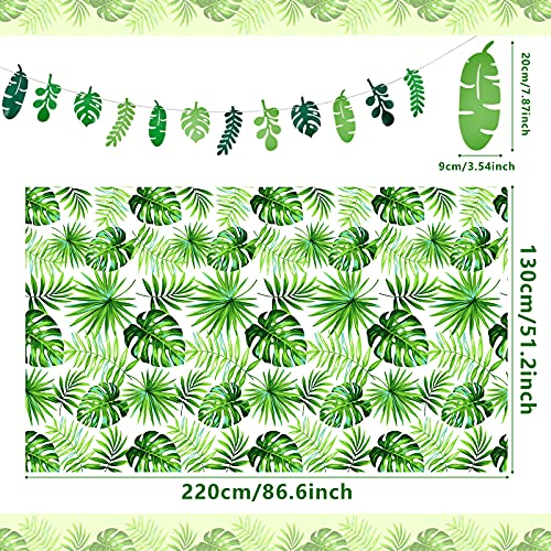 2 Pieces Palm Leaf Table Covers Hawaii Green Palm Leaves Tablecloths Tropical Leaves Table Cloths and 2 Pieces Palm Leaves Banners Palm Leaves Banner Decorations for Tropical Party Decorations