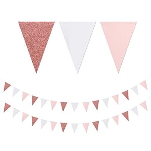 pink-white rose-gold party decorations banner - 2 pack engagement baby bridal shower paper pennant triangle flags, girl birthday bachelorette mothers day wedding bunting lasting surprise