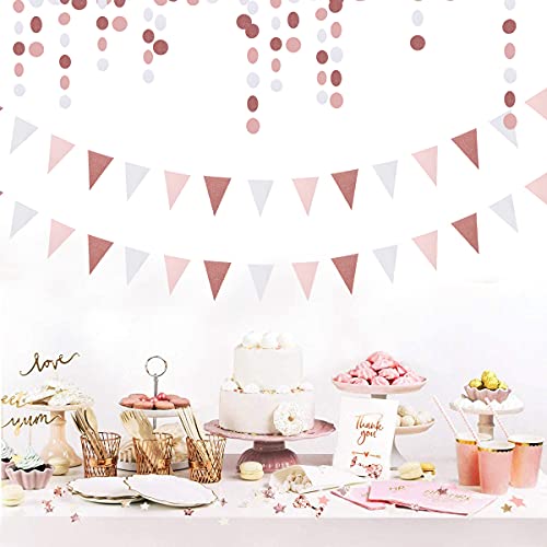 Pink-White Rose-Gold Party Decorations Banner - 2 Pack Engagement Baby Bridal Shower Paper Pennant Triangle Flags, Girl Birthday Bachelorette Mothers Day Wedding Bunting Lasting Surprise