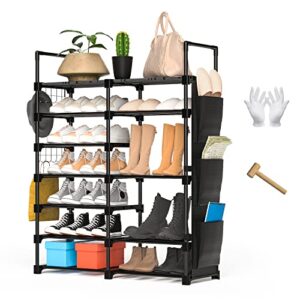ohuhu shoe rack, 7 tiers 30 pairs metal black shoe shelf racks boot shoes organizer storage free standing shoe tower for closet entryway or outdoor with 2 side hooks 3 pockets bag room organizer