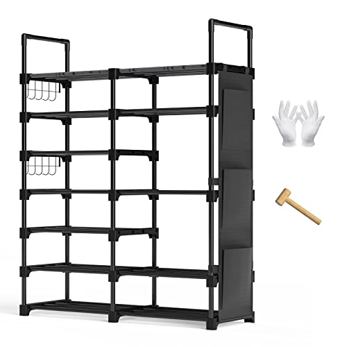 Ohuhu Shoe Rack, 7 Tiers 30 Pairs Metal Black Shoe Shelf Racks Boot Shoes Organizer Storage Free Standing Shoe Tower for Closet Entryway or Outdoor with 2 Side Hooks 3 Pockets Bag Room Organizer