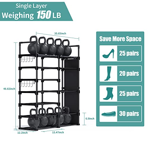 Ohuhu Shoe Rack, 7 Tiers 30 Pairs Metal Black Shoe Shelf Racks Boot Shoes Organizer Storage Free Standing Shoe Tower for Closet Entryway or Outdoor with 2 Side Hooks 3 Pockets Bag Room Organizer