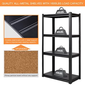 Raybee Garage Shelving Heavy Duty Garage Storage Shelves Load 1600LBS Adjustable Heavy Duty Shelving 4 Tier Metal Shelving for Storage Industrial Shelving for Kitchen Black 27.5" W x 13.8" D x 57" H