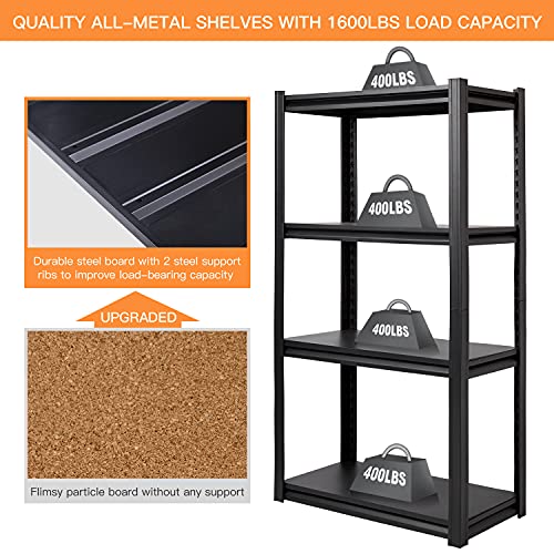 Raybee Garage Shelving Heavy Duty Garage Storage Shelves Load 1600LBS Adjustable Heavy Duty Shelving 4 Tier Metal Shelving for Storage Industrial Shelving for Kitchen Black 27.5" W x 13.8" D x 57" H