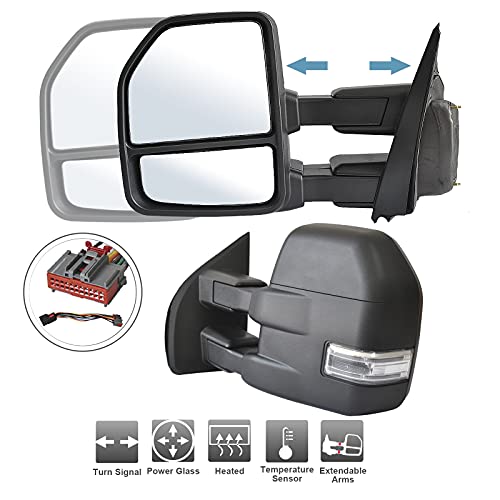 ReYee Towing Mirrors fit for 2015 2016 2017 2018 2019 2020 Ford F150 Pickup with Power Heated Turn Signal Lamp Auxiliary Light Temperature Sensor Manual Fold- 8 Pin(Black)