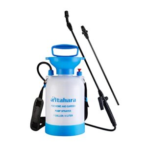 kitahara 1 gallon garden pump pressure sprayer with pressure relief valve, adjustable shoulder strap and nozzles, for yard lawn weeds plant water