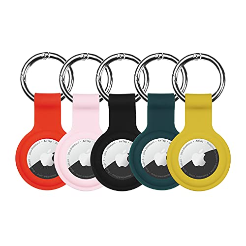 5 Pack Protective Case for Apple AirTags Holder Air Tag Keychain Airtag Key Ring Cases Air Tags Tracker, Finder Items for Dog Cat Pet Collar Luggage (Dark Green &Yellow&Pink&Black&Red)