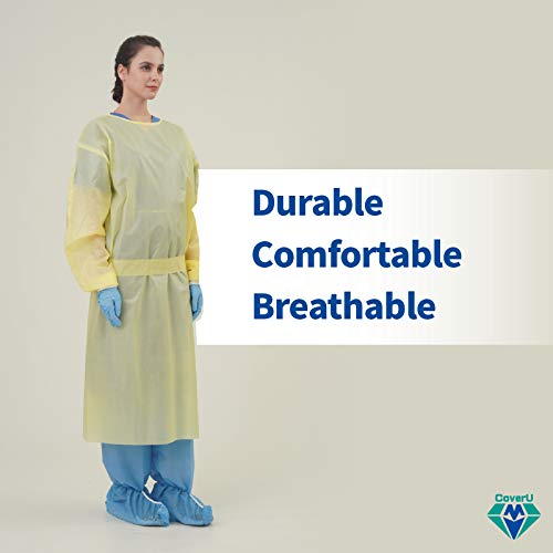 Medtecs Disposable Isolation Gowns - AAMI Level 4 PPSB+PE 36 gsm - 10/100 PC - Seal Tape & Elast Cuffs, Fluid Resistant Durable Comfortable PPE - CoverU Series, Unisex Adult | Yellow, 10 PC