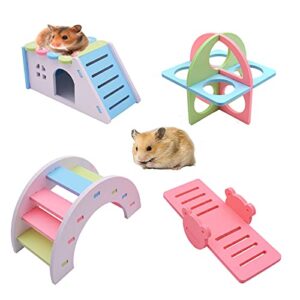 Yofunter Dwarf Hamster Toys Set for Hamster Cage Accessories - Gerbil Hideout and Houses,Fitness Circle Toy,Rainbow Bridage,Seasaw, Multi-colored