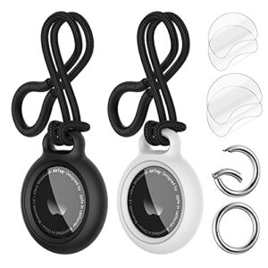surphy keychain for airtag case with screen protector & strap, 2 pack hard pc airtag keychain, airtag key ring, airtag holder for airtag (black + white)
