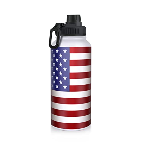 Extremus Deluge Sports Water Bottle, Wide Mouth Stainless Steel Double Wall Vacuum Thermos Insulated Water Bottle - 100% Leakproof Lids, 32 oz, American Flag