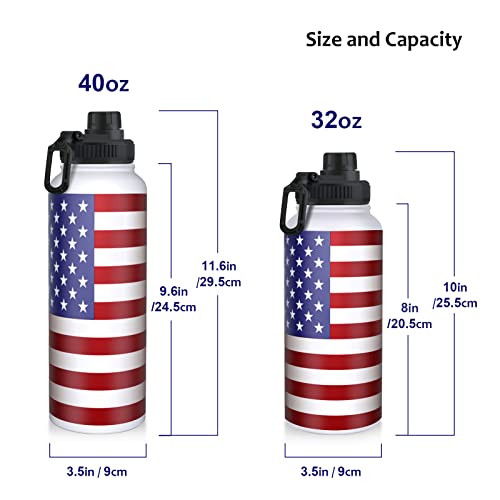 Extremus Deluge Sports Water Bottle, Wide Mouth Stainless Steel Double Wall Vacuum Thermos Insulated Water Bottle - 100% Leakproof Lids, 32 oz, American Flag