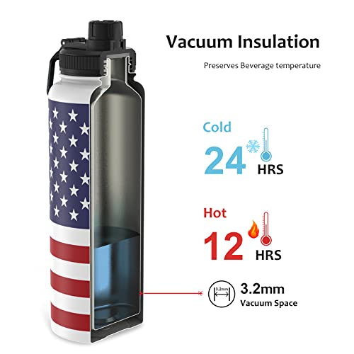 Extremus Deluge Sports Water Bottle, Wide Mouth Stainless Steel Double Wall Vacuum Thermos Insulated Water Bottle - 100% Leakproof Lids, 32 oz, American Flag