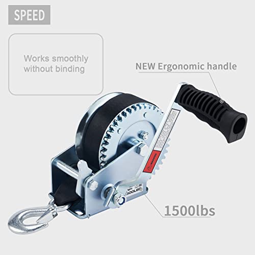 OPENROAD Boat Winch 1500lbs Hand Winch,for boat trailer Towing Winch, With 26ft Black Strap and Brake ratchet