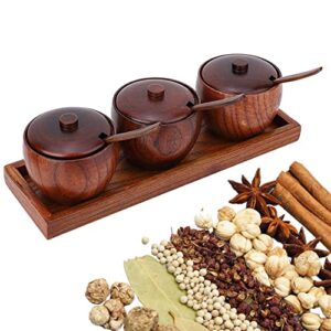 luvitory wooden seasoning spice jar, condiment container pots, salt box with wooden lid and spoon 3 pack bowl with tray, food storage for home, kitchen, counter