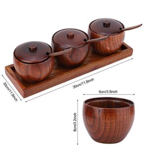 Luvitory Wooden Seasoning Spice Jar, Condiment Container Pots, Salt Box with Wooden Lid and Spoon 3 Pack Bowl with Tray, Food Storage for Home, Kitchen, Counter