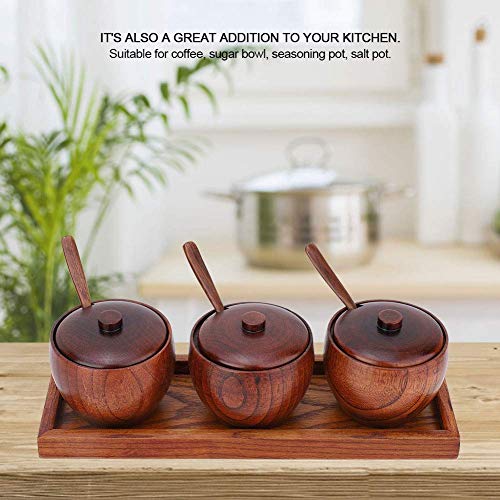 Luvitory Wooden Seasoning Spice Jar, Condiment Container Pots, Salt Box with Wooden Lid and Spoon 3 Pack Bowl with Tray, Food Storage for Home, Kitchen, Counter