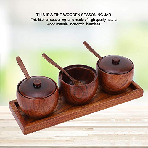 Luvitory Wooden Seasoning Spice Jar, Condiment Container Pots, Salt Box with Wooden Lid and Spoon 3 Pack Bowl with Tray, Food Storage for Home, Kitchen, Counter