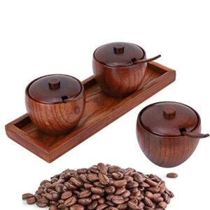 Luvitory Wooden Seasoning Spice Jar, Condiment Container Pots, Salt Box with Wooden Lid and Spoon 3 Pack Bowl with Tray, Food Storage for Home, Kitchen, Counter