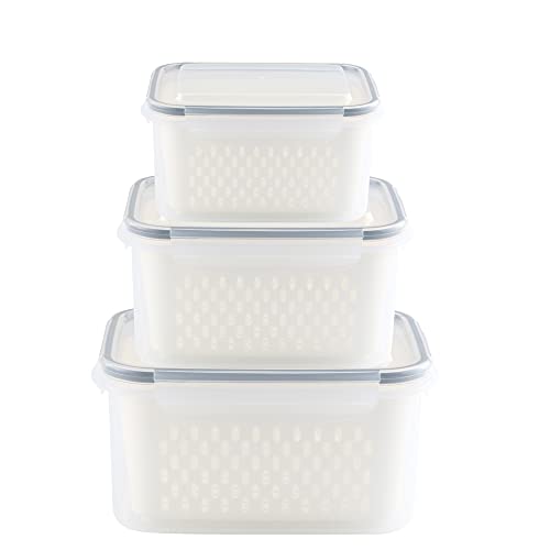 Food Storage Container,3 Piece Set, Vegetable Fruit Storage Container, Built-in Removable Drain Basket, Stackable Storage Container for Fridge