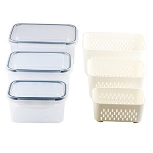 Food Storage Container,3 Piece Set, Vegetable Fruit Storage Container, Built-in Removable Drain Basket, Stackable Storage Container for Fridge