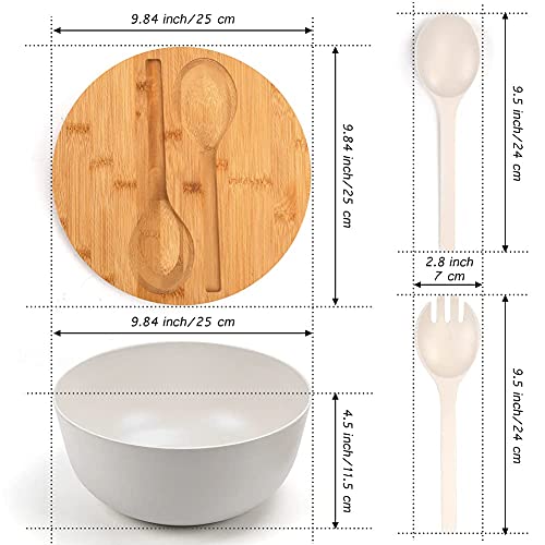 Large Salad Bowl with Lid, Bamboo Fiber Salad Serving Bowl Set with Utensils, 9.8inches Mixing Bowl with Servers, Solid Bamboo Wooden Bowl for Salad, Fruits, Vegetables and Pasta(White)