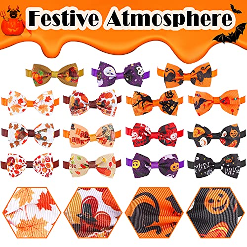 30 Pieces Fall Halloween Pet Tie Set Pumpkin Maple Leaf Dog Neckties Thanksgiving Turkey Cat Dog Bow Tie with Adjustable Collar for Pets Dogs Cats Fall Thanksgiving Halloween Party Supplies