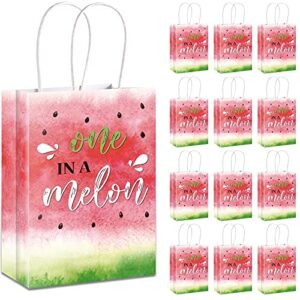 16 pieces watermelon party bags with paper twist handles, watercolor one in melon candy goodie bags treat bags present bag for summer watermelon birthday baby shower, 6.3 x 3.1 x 8.7 inches