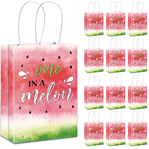 16 Pieces Watermelon Party Bags with Paper Twist Handles, Watercolor One in Melon Candy Goodie Bags Treat Bags Present Bag for Summer Watermelon Birthday Baby Shower, 6.3 x 3.1 x 8.7 Inches