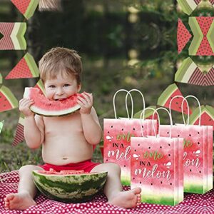 16 Pieces Watermelon Party Bags with Paper Twist Handles, Watercolor One in Melon Candy Goodie Bags Treat Bags Present Bag for Summer Watermelon Birthday Baby Shower, 6.3 x 3.1 x 8.7 Inches