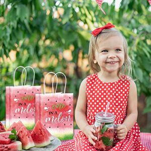 16 Pieces Watermelon Party Bags with Paper Twist Handles, Watercolor One in Melon Candy Goodie Bags Treat Bags Present Bag for Summer Watermelon Birthday Baby Shower, 6.3 x 3.1 x 8.7 Inches