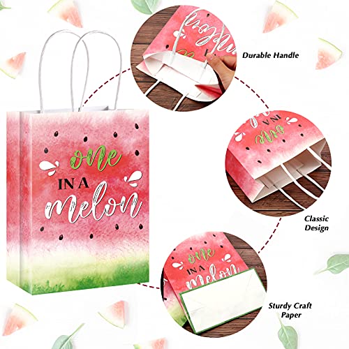 16 Pieces Watermelon Party Bags with Paper Twist Handles, Watercolor One in Melon Candy Goodie Bags Treat Bags Present Bag for Summer Watermelon Birthday Baby Shower, 6.3 x 3.1 x 8.7 Inches