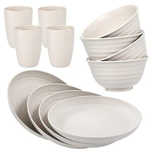 12pcs wheat straw dinnerware sets, wheat straw plates and bowls sets for 4 microwave dishwasher safe lightweight beige