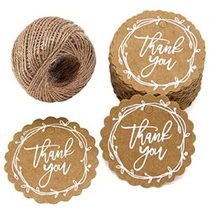 100 count white graffiti thank you gift tags with string, round kraft paper gift wrap hang tags with 100 feet jute twine for wedding, baby shower, party favors (brown-2)