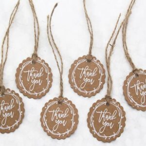 100 Count White Graffiti Thank You Gift Tags with String, Round Kraft Paper Gift Wrap Hang Tags with 100 Feet Jute Twine for Wedding, Baby Shower, Party Favors (Brown-2)
