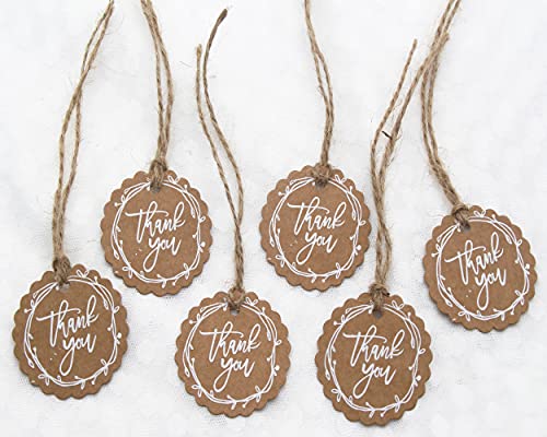 100 Count White Graffiti Thank You Gift Tags with String, Round Kraft Paper Gift Wrap Hang Tags with 100 Feet Jute Twine for Wedding, Baby Shower, Party Favors (Brown-2)