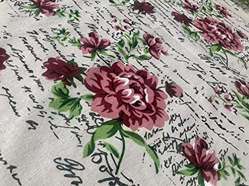 Red Peony Love Letter Cotton Linen Blend Fabric Natural Vintage Rose Printed Material Home Decor Curtain Upholstery- 59" Wide Canvas (Sold by The Yard)