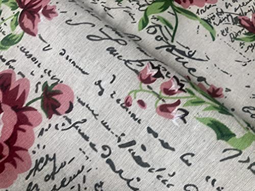 Red Peony Love Letter Cotton Linen Blend Fabric Natural Vintage Rose Printed Material Home Decor Curtain Upholstery- 59" Wide Canvas (Sold by The Yard)