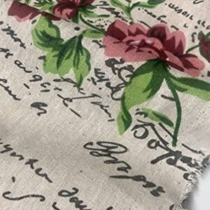 Red Peony Love Letter Cotton Linen Blend Fabric Natural Vintage Rose Printed Material Home Decor Curtain Upholstery- 59" Wide Canvas (Sold by The Yard)