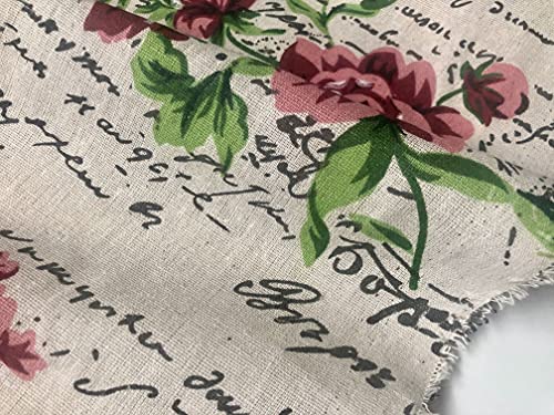 Red Peony Love Letter Cotton Linen Blend Fabric Natural Vintage Rose Printed Material Home Decor Curtain Upholstery- 59" Wide Canvas (Sold by The Yard)