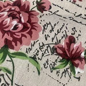 Red Peony Love Letter Cotton Linen Blend Fabric Natural Vintage Rose Printed Material Home Decor Curtain Upholstery- 59" Wide Canvas (Sold by The Yard)