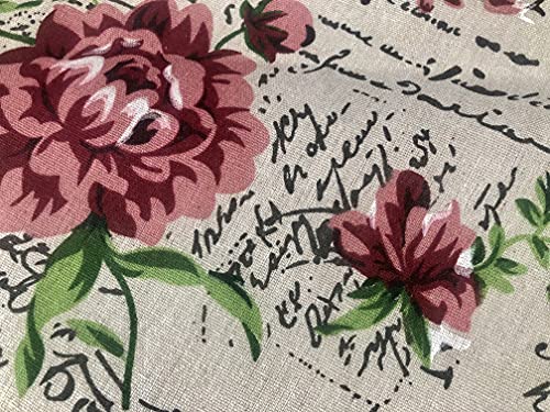 Red Peony Love Letter Cotton Linen Blend Fabric Natural Vintage Rose Printed Material Home Decor Curtain Upholstery- 59" Wide Canvas (Sold by The Yard)