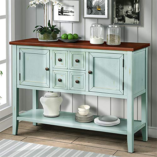 DERCASS Retro Style Buffet Sideboard Wood Console Table with Bottom Shelf,Easy Assemble,for Living Room,Kitchen,Entryway (Retro Blue)