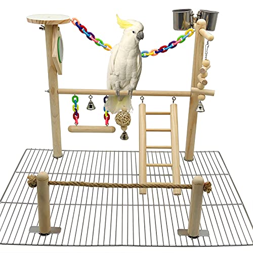 Bird Playground for Top of Cage, Parrot Gym Hanging Chewing Toys, Cage Top Play Stand for Conure, Parakeets, Budgie, Cockatiels, Lovebirds, Bird Wood Perch Cage Toys