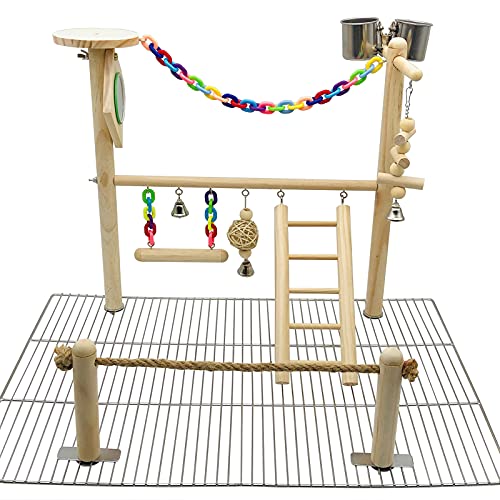 Bird Playground for Top of Cage, Parrot Gym Hanging Chewing Toys, Cage Top Play Stand for Conure, Parakeets, Budgie, Cockatiels, Lovebirds, Bird Wood Perch Cage Toys