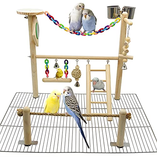 Bird Playground for Top of Cage, Parrot Gym Hanging Chewing Toys, Cage Top Play Stand for Conure, Parakeets, Budgie, Cockatiels, Lovebirds, Bird Wood Perch Cage Toys