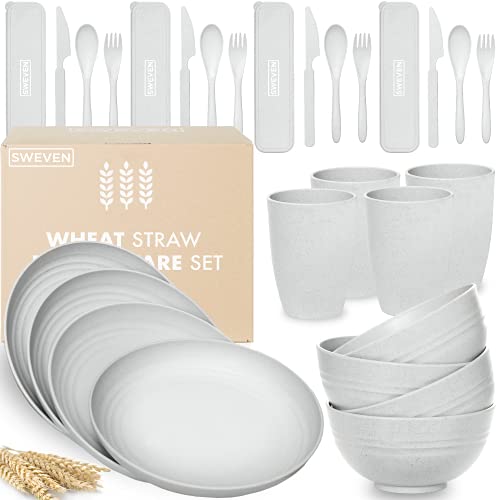 Wheat Straw Dinnerware Sets (28 pcs) | Unbreakable Dinnerware Sets | Dishwasher Microwave Safe Dinnerware | Eco Friendly Non Breakable Dinnerware Sets | Plates, Bowls, Cups, Cutlery (Grey)