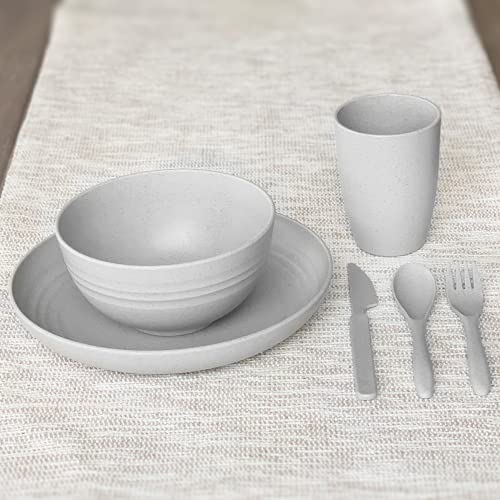 Wheat Straw Dinnerware Sets (28 pcs) | Unbreakable Dinnerware Sets | Dishwasher Microwave Safe Dinnerware | Eco Friendly Non Breakable Dinnerware Sets | Plates, Bowls, Cups, Cutlery (Grey)