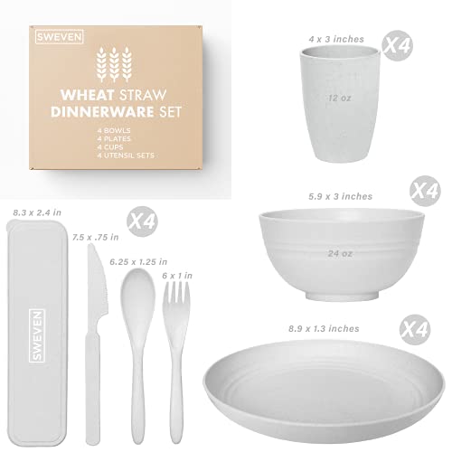 Wheat Straw Dinnerware Sets (28 pcs) | Unbreakable Dinnerware Sets | Dishwasher Microwave Safe Dinnerware | Eco Friendly Non Breakable Dinnerware Sets | Plates, Bowls, Cups, Cutlery (Grey)