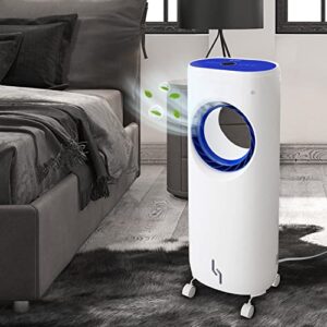 cools up to 7° f - evaporative cooling fan, portable personal air cooling with humidifier water tank. includes remote, ice packs, and 360° caster wheels. buy from an american small business!